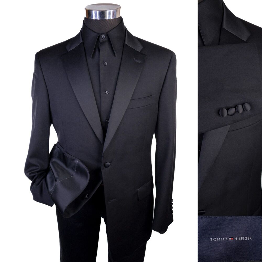 Tommy Hilfiger Blazer Tuxedo Jacket Sz 42R Solid Black Wool Two Button Coat